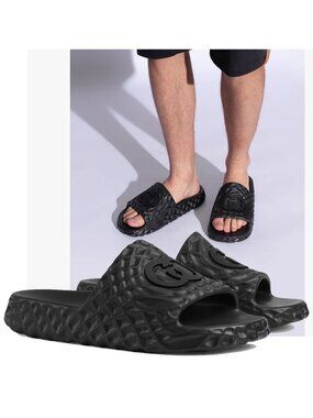 GUCCI SHOES MENS BLACK RUBBER WATER RIPPLE SLIDE SANDAL w GG LOGO